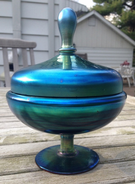 3155 - Blue Aurene Iridescent Covered Vase