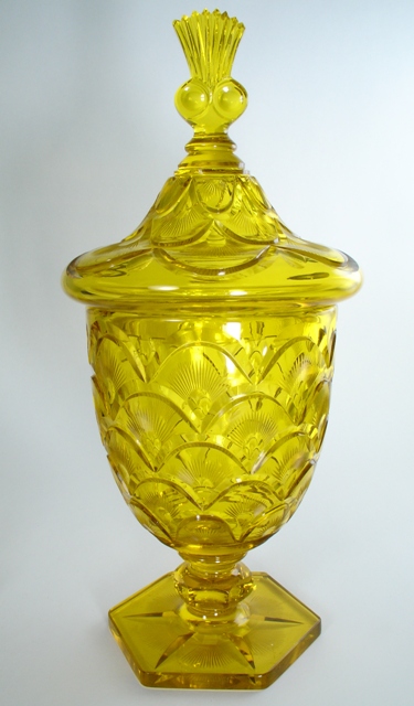 6559 - Bristol Yellow Engraved Covered Vase